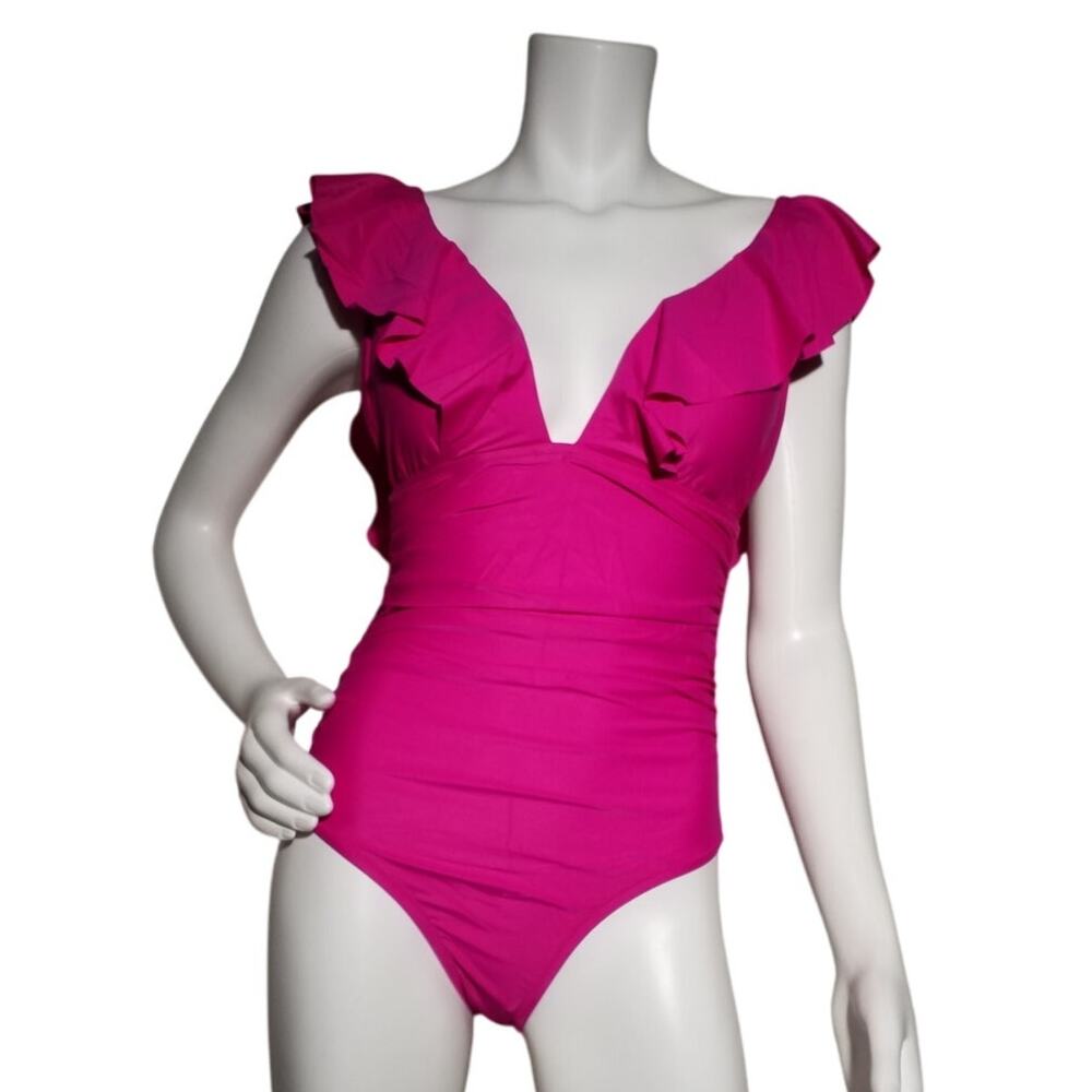 J.Crew Ruffle V-Neck Ruched One-Piece Swimsuit Pink Sz 12